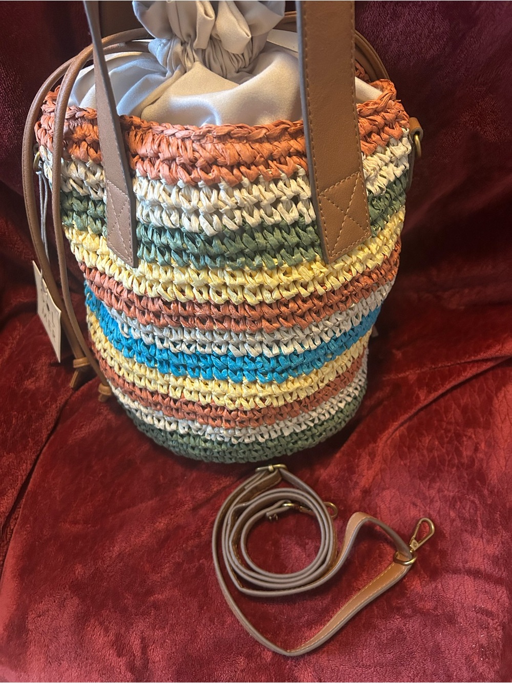 Sol and Mer Raffia Striped Drawstring Handbag NWT - Picture 3 of 11